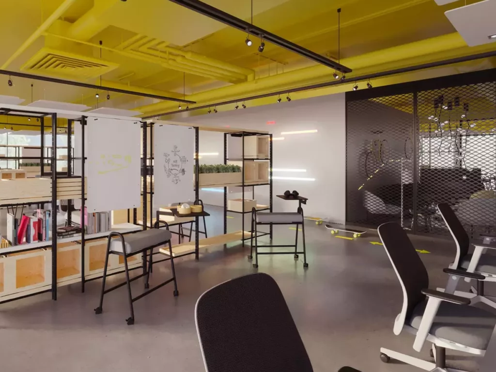 Mobilier collaboratif dans un espace de travail moderne à Lyon, conçu pour favoriser la créativité et la flexibilité.
